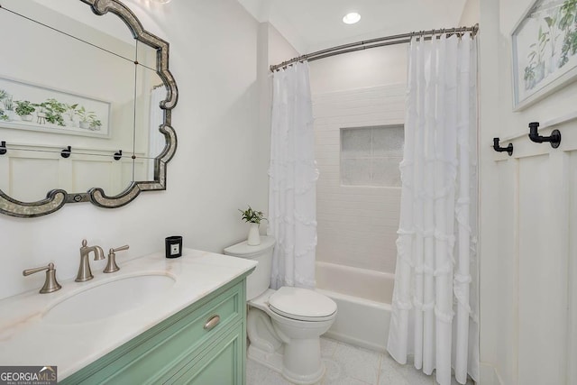 bathroom with tile patterned floors, toilet, vanity, and shower / bathtub combination with curtain