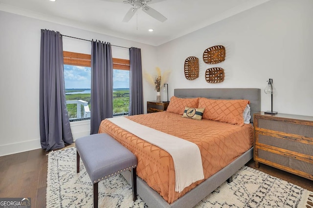 bedroom with recessed lighting, a ceiling fan, baseboards, and wood finished floors