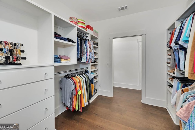 walk in closet with visible vents and dark wood-type flooring