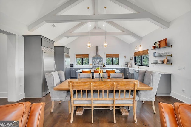 dining area with beamed ceiling, a healthy amount of sunlight, and dark wood-style flooring