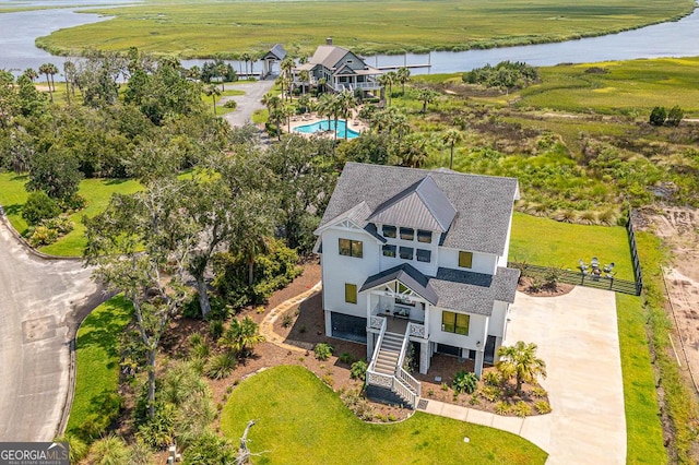 drone / aerial view with a water view