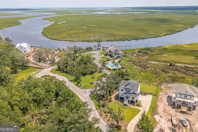 drone / aerial view featuring a water view