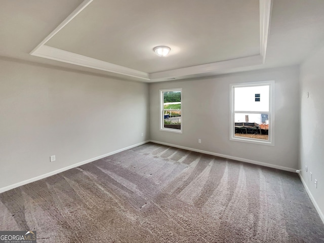 carpeted empty room featuring baseboards and a raised ceiling