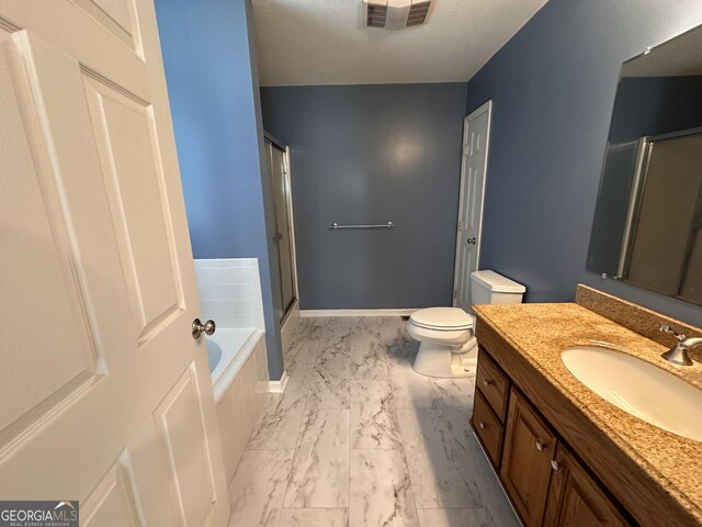 full bathroom with separate shower and tub, tile patterned floors, toilet, and vanity