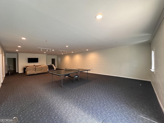 rec room with carpet, crown molding, baseboards, and recessed lighting