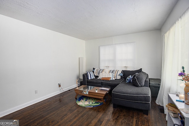 living room featuring a textured ceiling and dark wood-type flooring