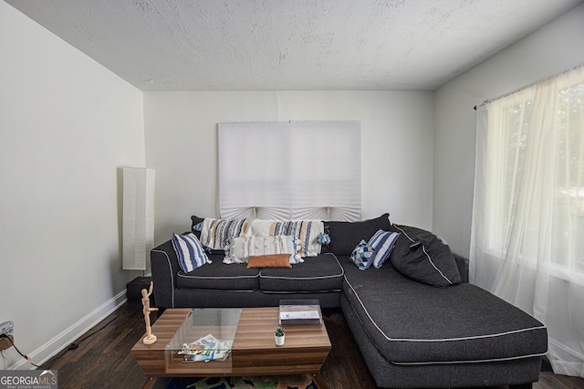 living room with a textured ceiling and dark hardwood / wood-style floors