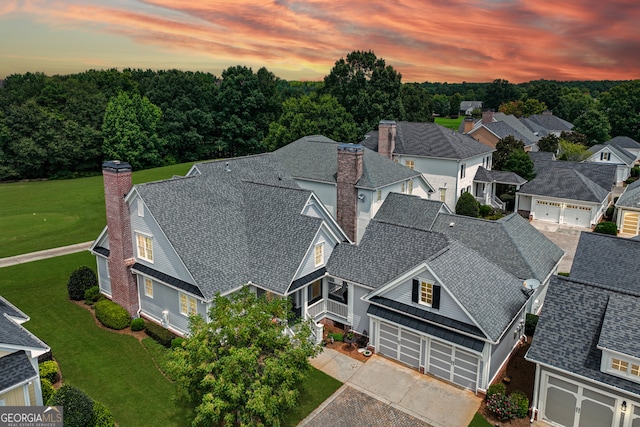 view of aerial view at dusk