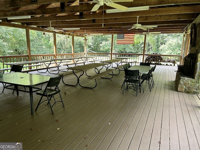 wooden deck with ceiling fan