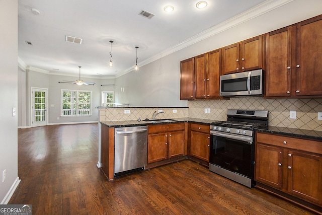 kitchen featuring stainless steel appliances, backsplash, dark wood-type flooring, and sink