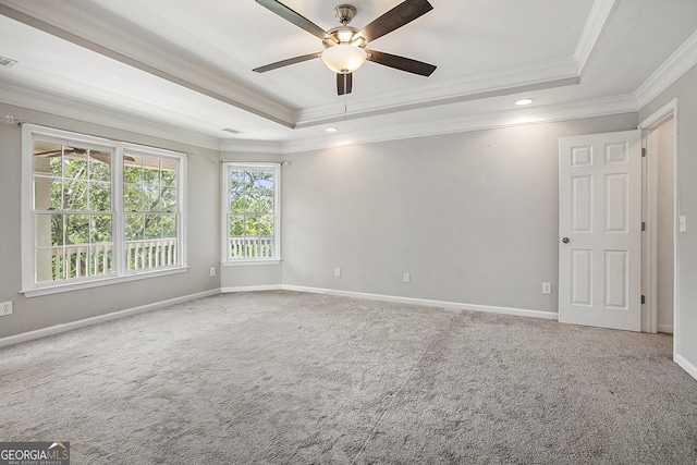carpeted spare room with a tray ceiling, ceiling fan, and crown molding