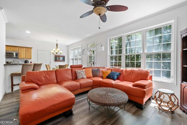 living room featuring ceiling fan with notable chandelier, hardwood / wood-style floors, and a healthy amount of sunlight