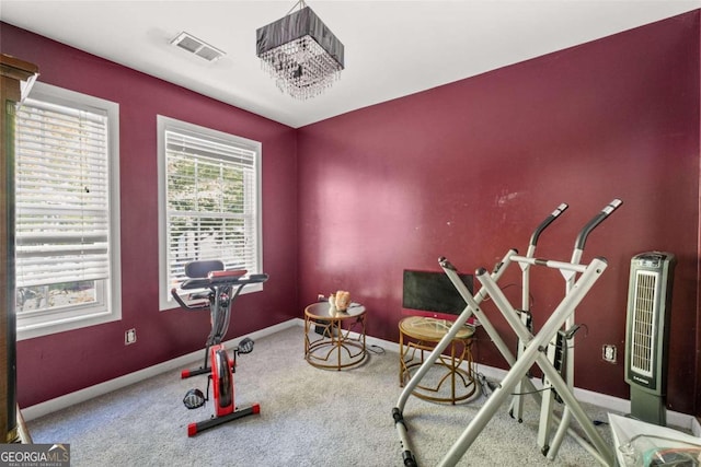 exercise room featuring carpet