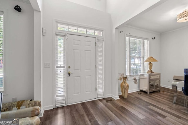 entrance foyer with a wealth of natural light, hardwood / wood-style floors, and ornamental molding