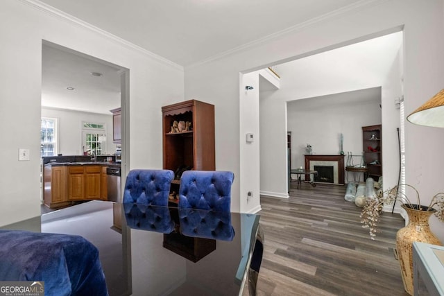 interior space with sink, wood-type flooring, and ornamental molding