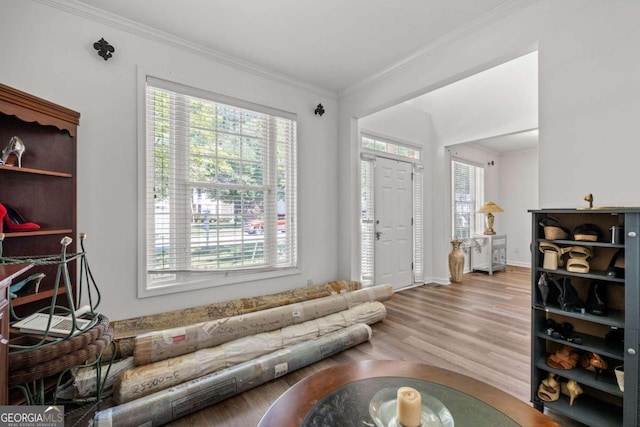 living room featuring hardwood / wood-style flooring and ornamental molding