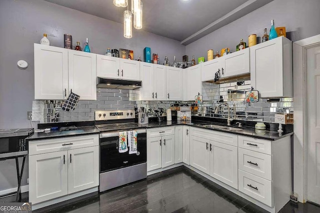 kitchen with stainless steel range with electric stovetop, white cabinets, sink, and decorative backsplash