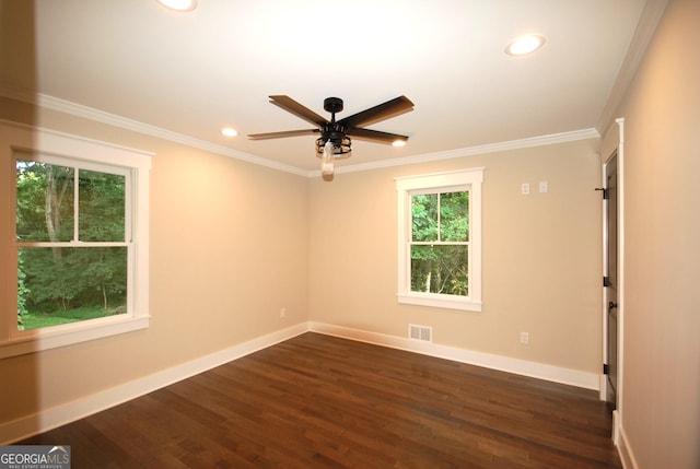 unfurnished room featuring crown molding, ceiling fan, and dark hardwood / wood-style flooring