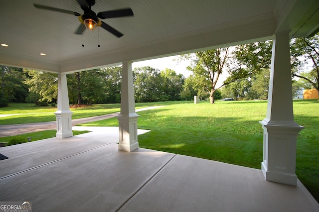 view of patio featuring ceiling fan