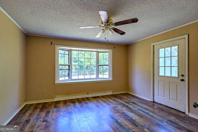 entrance foyer featuring ceiling fan, a textured ceiling, and dark hardwood / wood-style flooring