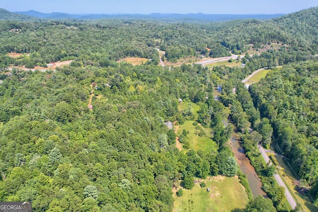 bird's eye view featuring a wooded view and a mountain view