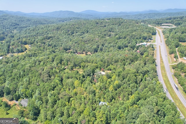 birds eye view of property with a mountain view and a wooded view