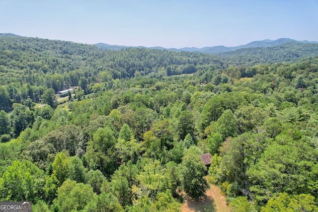 birds eye view of property featuring a mountain view and a wooded view