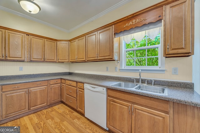 kitchen featuring sink, crown molding, dishwasher, and light wood-type flooring