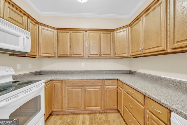 kitchen with crown molding, light hardwood / wood-style flooring, and white appliances