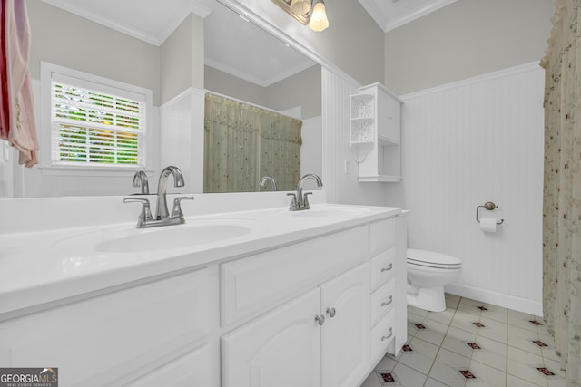 bathroom with toilet, tile patterned flooring, crown molding, curtained shower, and vanity