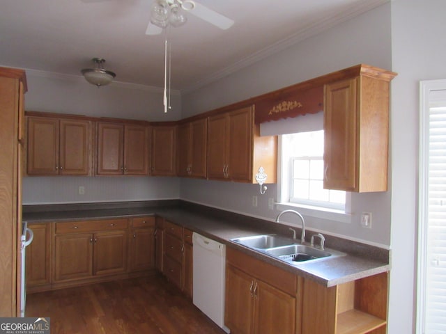 kitchen featuring dishwasher, dark wood-style floors, ceiling fan, ornamental molding, and a sink