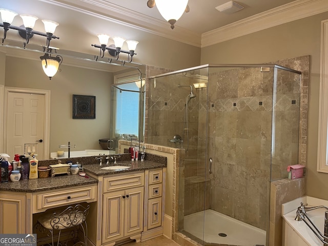 bathroom with plus walk in shower, crown molding, and vanity