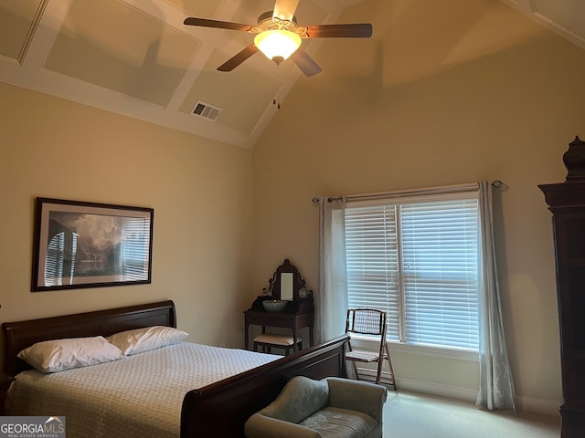 bedroom with ceiling fan, carpet, and lofted ceiling