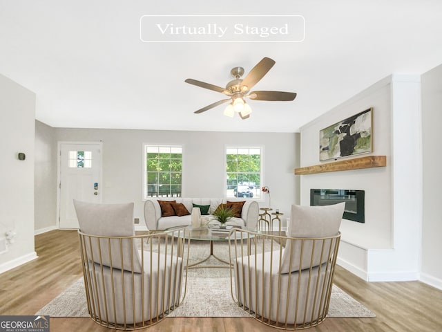 living room with hardwood / wood-style flooring and ceiling fan