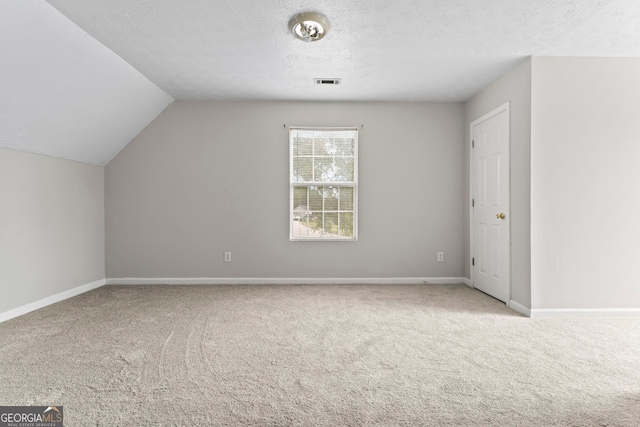 additional living space with carpet floors, a textured ceiling, and lofted ceiling