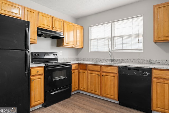 kitchen with black appliances, sink, and light hardwood / wood-style flooring