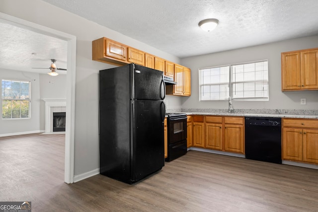 kitchen featuring black appliances, ceiling fan, exhaust hood, and hardwood / wood-style flooring