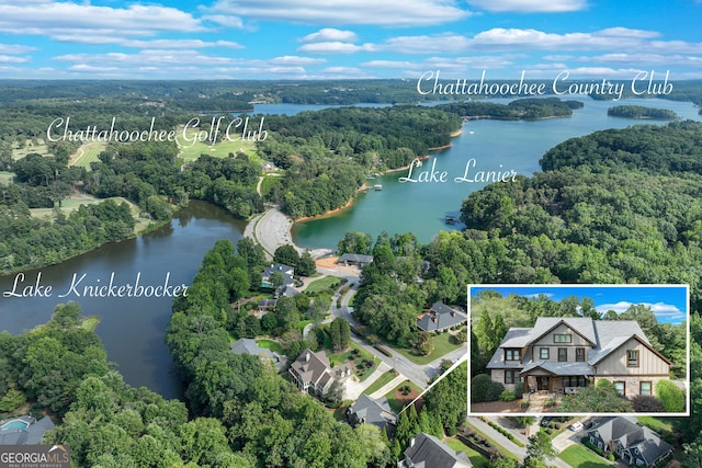 birds eye view of property featuring a water view