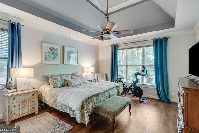 bedroom with ceiling fan, a raised ceiling, hardwood / wood-style floors, and ornamental molding