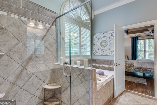 bathroom with hardwood / wood-style floors, plus walk in shower, ornamental molding, and ceiling fan