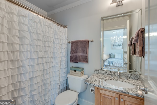 bathroom with a chandelier, curtained shower, vanity, crown molding, and toilet