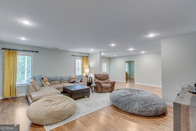 living room featuring plenty of natural light and light hardwood / wood-style floors