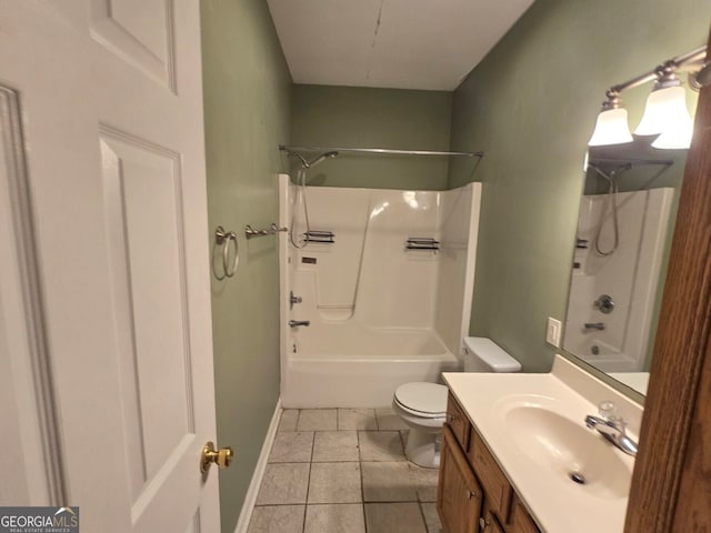 full bathroom with shower / tub combination, vanity, tile patterned flooring, and toilet