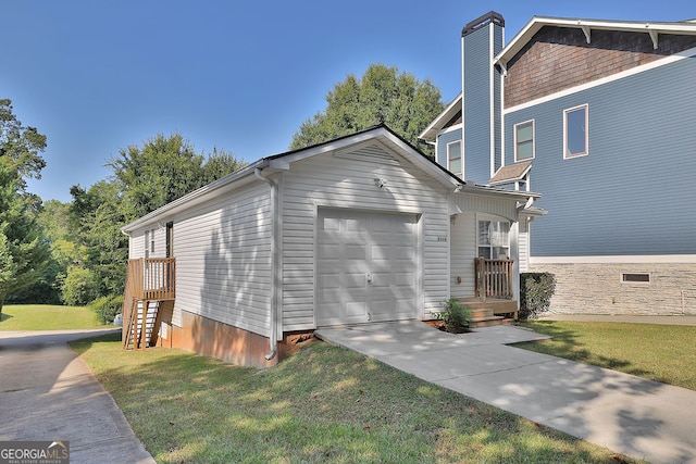 view of property exterior featuring a garage and a lawn