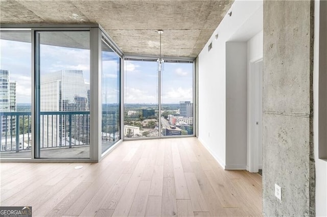 unfurnished room featuring plenty of natural light, expansive windows, and light hardwood / wood-style floors