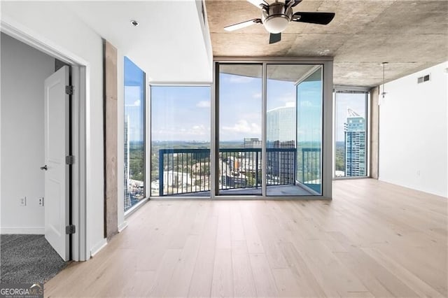 unfurnished room with floor to ceiling windows, a wealth of natural light, and light wood-type flooring