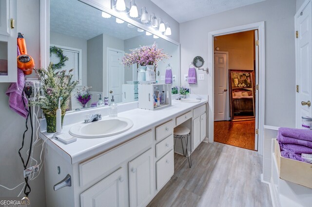 bathroom with a textured ceiling, hardwood / wood-style floors, and dual bowl vanity