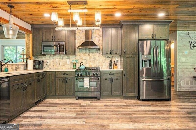 kitchen featuring wooden ceiling, appliances with stainless steel finishes, wall chimney exhaust hood, and light hardwood / wood-style flooring