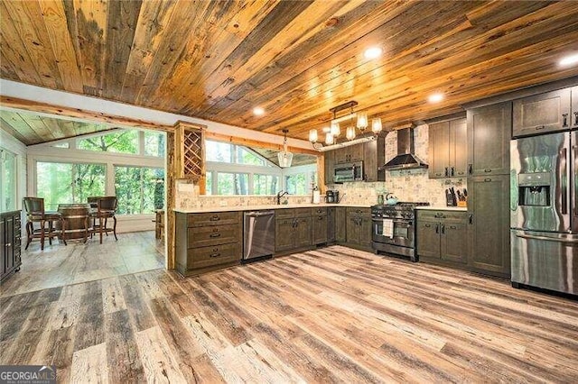 kitchen with pendant lighting, wall chimney exhaust hood, light hardwood / wood-style floors, wooden ceiling, and stainless steel appliances