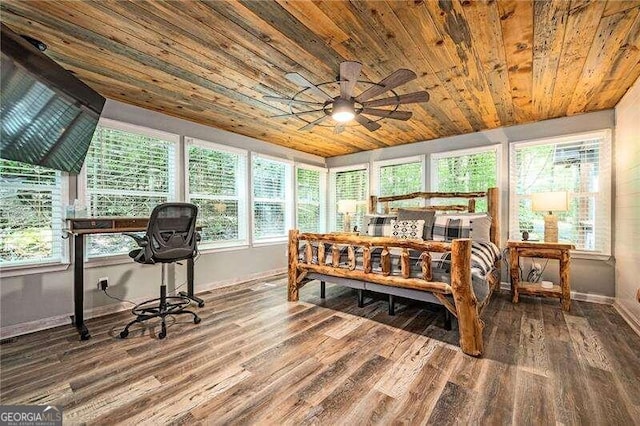 sunroom / solarium with wood ceiling, plenty of natural light, and ceiling fan